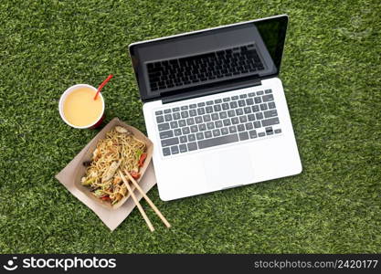 laptop chinese food grass background