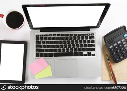 laptop computer, calculator and tablet on white background - top view