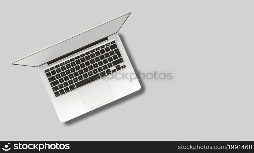 Laptop computer mock up with empty blank white screen isolated on grey background.