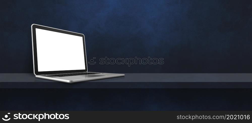 Laptop computer on black shelf background banner. 3D Illustration. Laptop computer on black shelf background banner