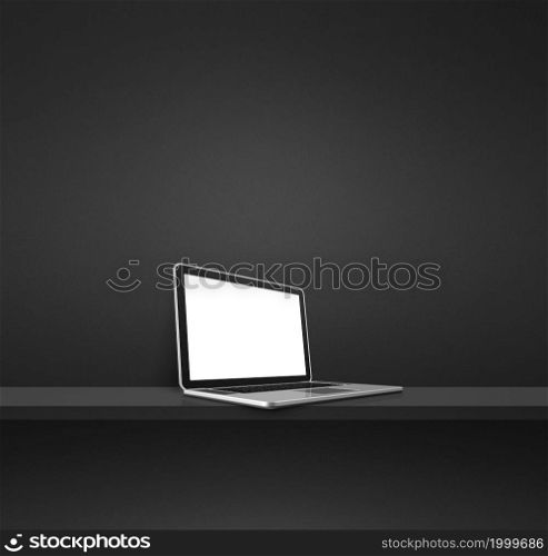 Laptop computer on black shelf. Square background. 3D Illustration. Laptop computer on black shelf. Square background