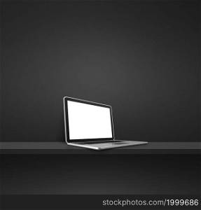 Laptop computer on black shelf. Square background. 3D Illustration. Laptop computer on black shelf. Square background