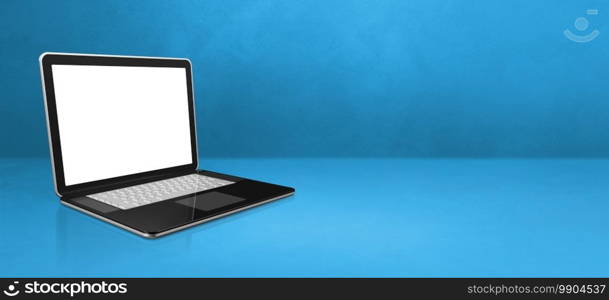 Laptop computer on blue office scene background banner. 3D Illustration. Laptop computer on blue office scene background banner