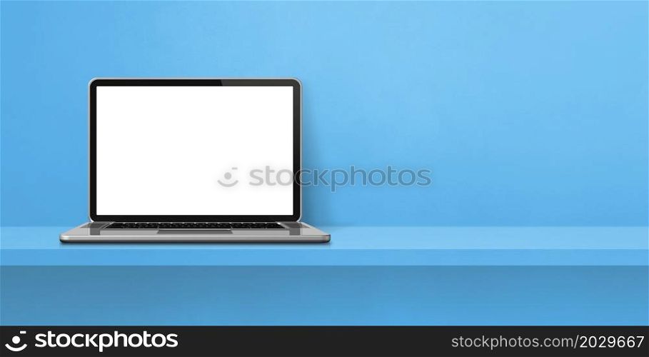 Laptop computer on blue shelf background banner. 3D Illustration. Laptop computer on blue shelf background banner
