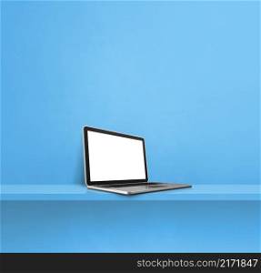 Laptop computer on blue shelf. Square background. 3D Illustration. Laptop computer on blue shelf. Square background