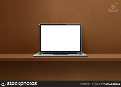 Laptop computer on brown shelf background. 3D Illustration. Laptop computer on brown shelf background