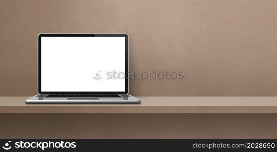 Laptop computer on brown shelf background banner. 3D Illustration. Laptop computer on brown shelf background banner