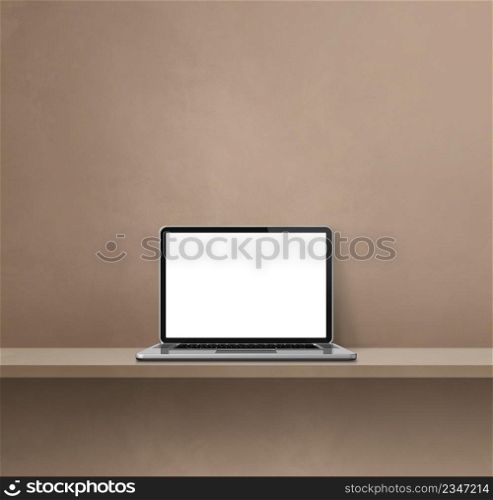 Laptop computer on brown shelf. Square background. 3D Illustration. Laptop computer on brown shelf. Square background
