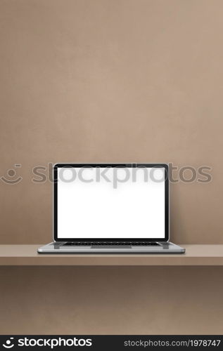 Laptop computer on brown shelf. Vertical background. 3D Illustration. Laptop computer on brown shelf. Vertical background