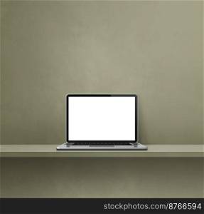 Laptop computer on green shelf. Square background. 3D Illustration. Laptop computer on green shelf. Square background