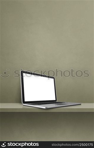 Laptop computer on green shelf. Vertical background. 3D Illustration. Laptop computer on green shelf. Vertical background