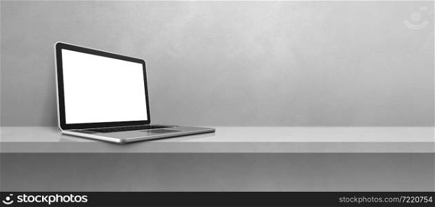 Laptop computer on grey shelf background banner. 3D Illustration. Laptop computer on grey shelf background banner