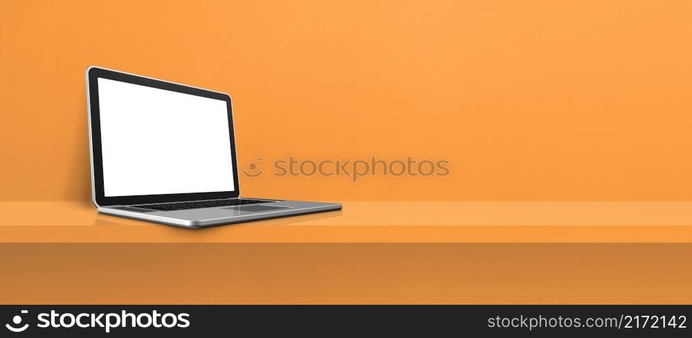 Laptop computer on orange shelf background banner. 3D Illustration. Laptop computer on orange shelf background banner