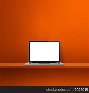 Laptop computer on orange shelf. Square background. 3D Illustration. Laptop computer on orange shelf. Square background