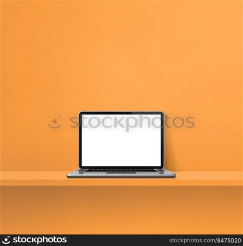 Laptop computer on orange shelf. Square background. 3D Illustration. Laptop computer on orange shelf. Square background