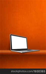 Laptop computer on orange shelf. Vertical background. 3D Illustration. Laptop computer on orange shelf. Vertical background