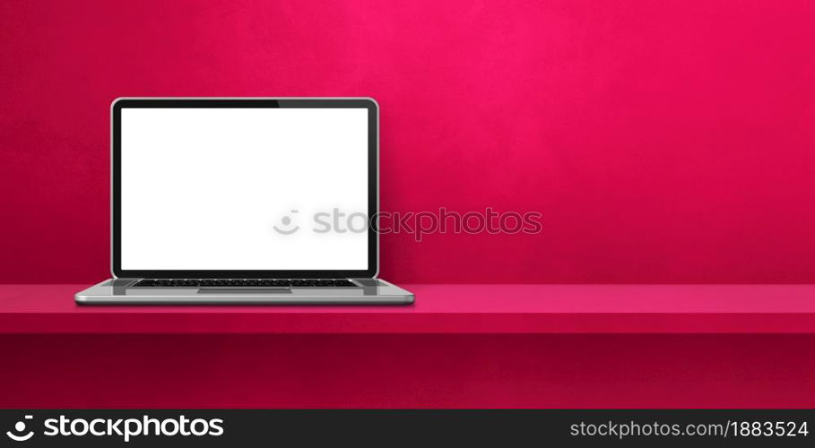 Laptop computer on pink shelf background banner. 3D Illustration. Laptop computer on pink shelf background banner
