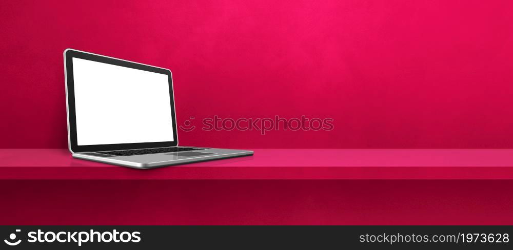 Laptop computer on pink shelf background banner. 3D Illustration. Laptop computer on pink shelf background banner