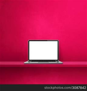 Laptop computer on pink shelf. Square background. 3D Illustration. Laptop computer on pink shelf. Square background