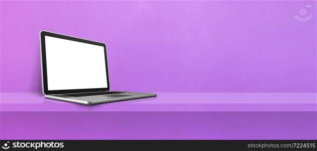 Laptop computer on purple shelf background banner. 3D Illustration. Laptop computer on purple shelf background banner