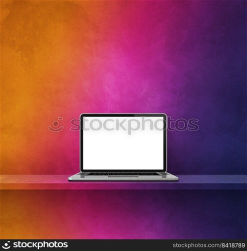 Laptop computer on rainbow shelf. Square background. 3D Illustration. Laptop computer on rainbow shelf. Square background