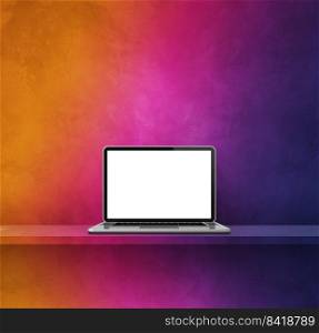 Laptop computer on rainbow shelf. Square background. 3D Illustration. Laptop computer on rainbow shelf. Square background