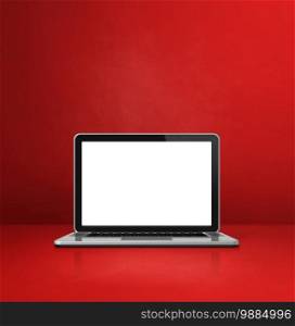 Laptop computer on red office scene background. 3D Illustration. Laptop computer on red office scene background