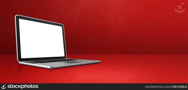 Laptop computer on red office scene background banner. 3D Illustration. Laptop computer on red office scene background banner