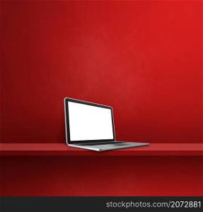 Laptop computer on red shelf. Square background. 3D Illustration. Laptop computer on red shelf. Square background
