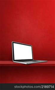 Laptop computer on red shelf. Vertical background. 3D Illustration. Laptop computer on red shelf. Vertical background