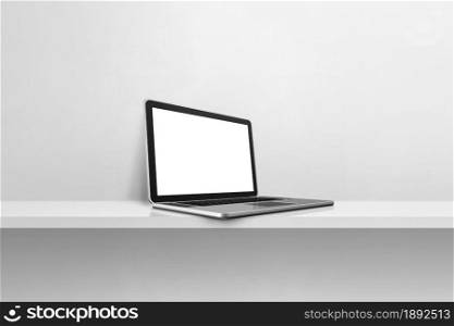 Laptop computer on white concrete shelf background. 3D Illustration. Laptop computer on white concrete shelf background