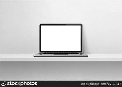 Laptop computer on white concrete shelf background. 3D Illustration. Laptop computer on white concrete shelf background