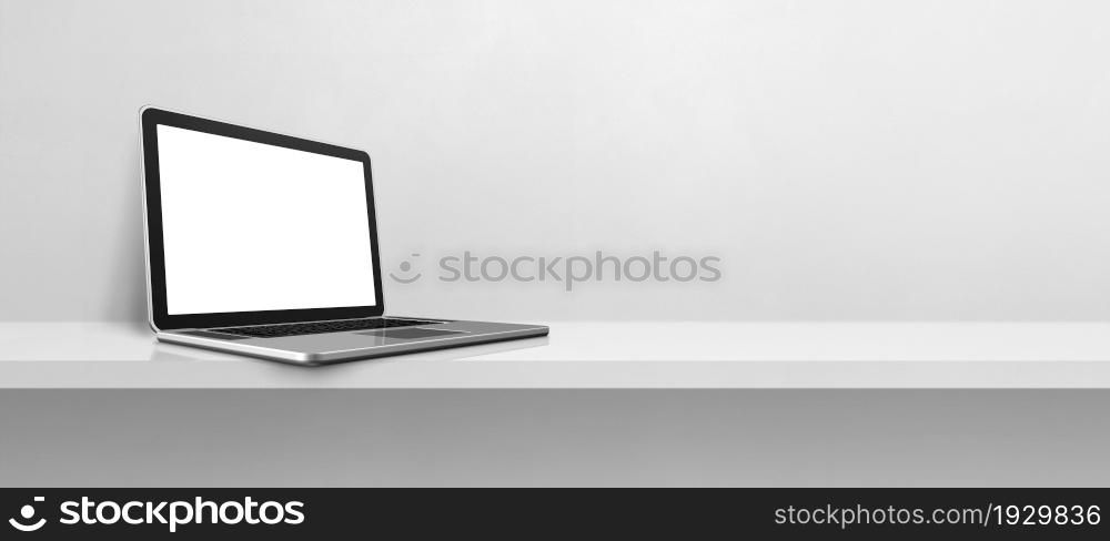 Laptop computer on white concrete shelf background banner. 3D Illustration. Laptop computer on white concrete shelf background banner