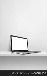 Laptop computer on white concrete shelf. Vertical background. 3D Illustration. Laptop computer on white concrete shelf. Vertical background