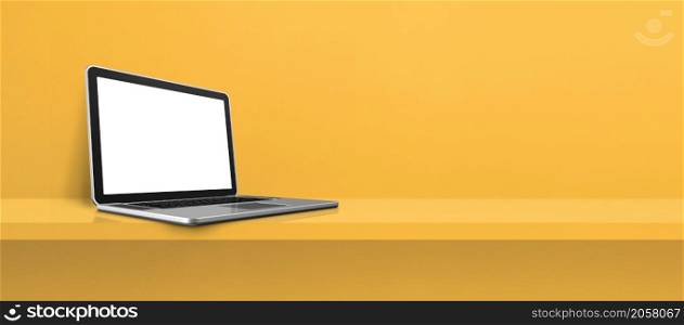 Laptop computer on yellow shelf background banner. 3D Illustration. Laptop computer on yellow shelf background banner
