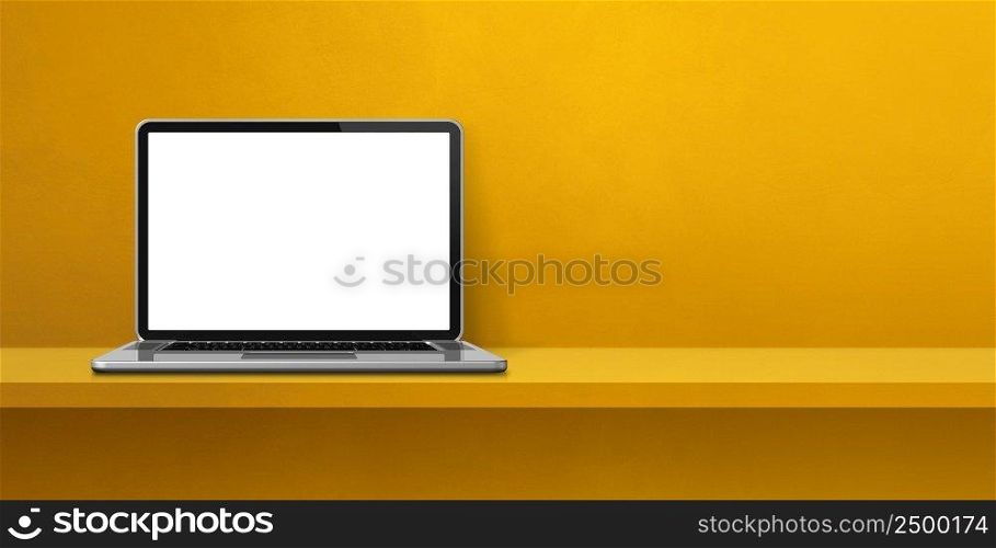 Laptop computer on yellow shelf background banner. 3D Illustration. Laptop computer on yellow shelf background banner