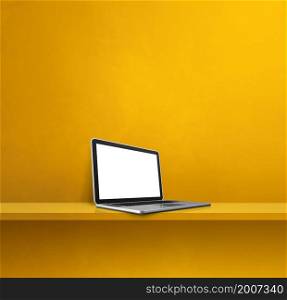 Laptop computer on yellow shelf. Square background. 3D Illustration. Laptop computer on yellow shelf. Square background
