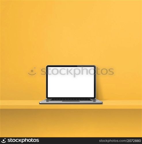Laptop computer on yellow shelf. Square background. 3D Illustration. Laptop computer on yellow shelf. Square background