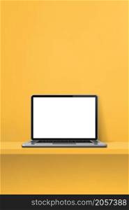 Laptop computer on yellow shelf. Vertical background. 3D Illustration. Laptop computer on yellow shelf. Vertical background