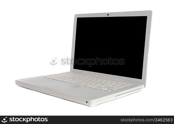Laptop computer sideways a over white background