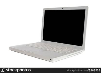 Laptop computer sideways a over white background