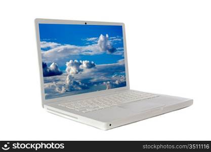 Laptop computer sideways a over white background with photo of sky and clouds (my photo)