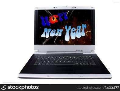 Laptop Computer with an Happy New Year colorful holiday background on the screen.Objects over white.