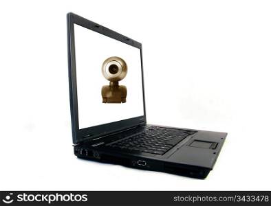 Laptop Computer with an web -camera background on the screen.Objects over white.