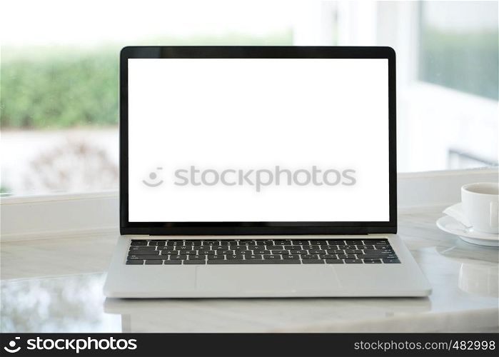 Laptop computer with blank screen for mock up template background, business technology and lifestyle background concept