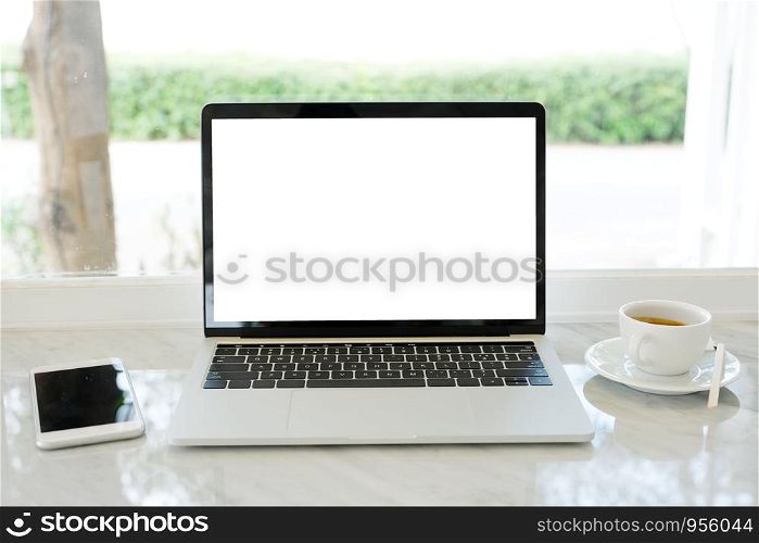 Laptop computer with blank screen for mock up template background, business technology and lifestyle background concept