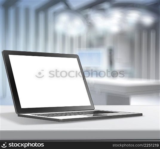 Laptop computer with blank screen on abstract molecules low poly medical background