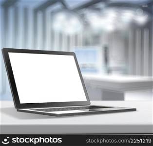 Laptop computer with blank screen on abstract molecules low poly medical background