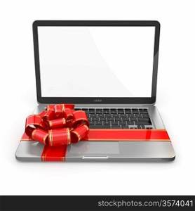 Laptop gift. Bow and ribbon on keyboard. 3d
