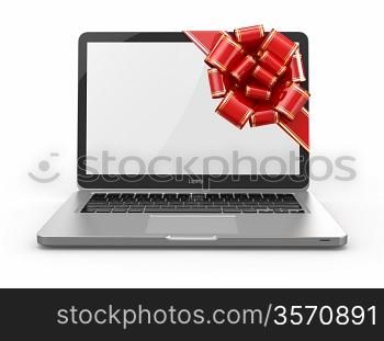 Laptop gift. Bow and ribbon on screen. 3d